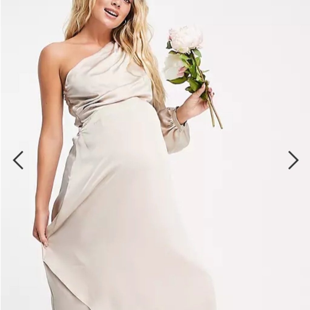 ASOS Maternity Bridesmaid Maxi Dress Satin One Shoulder Champagne US10